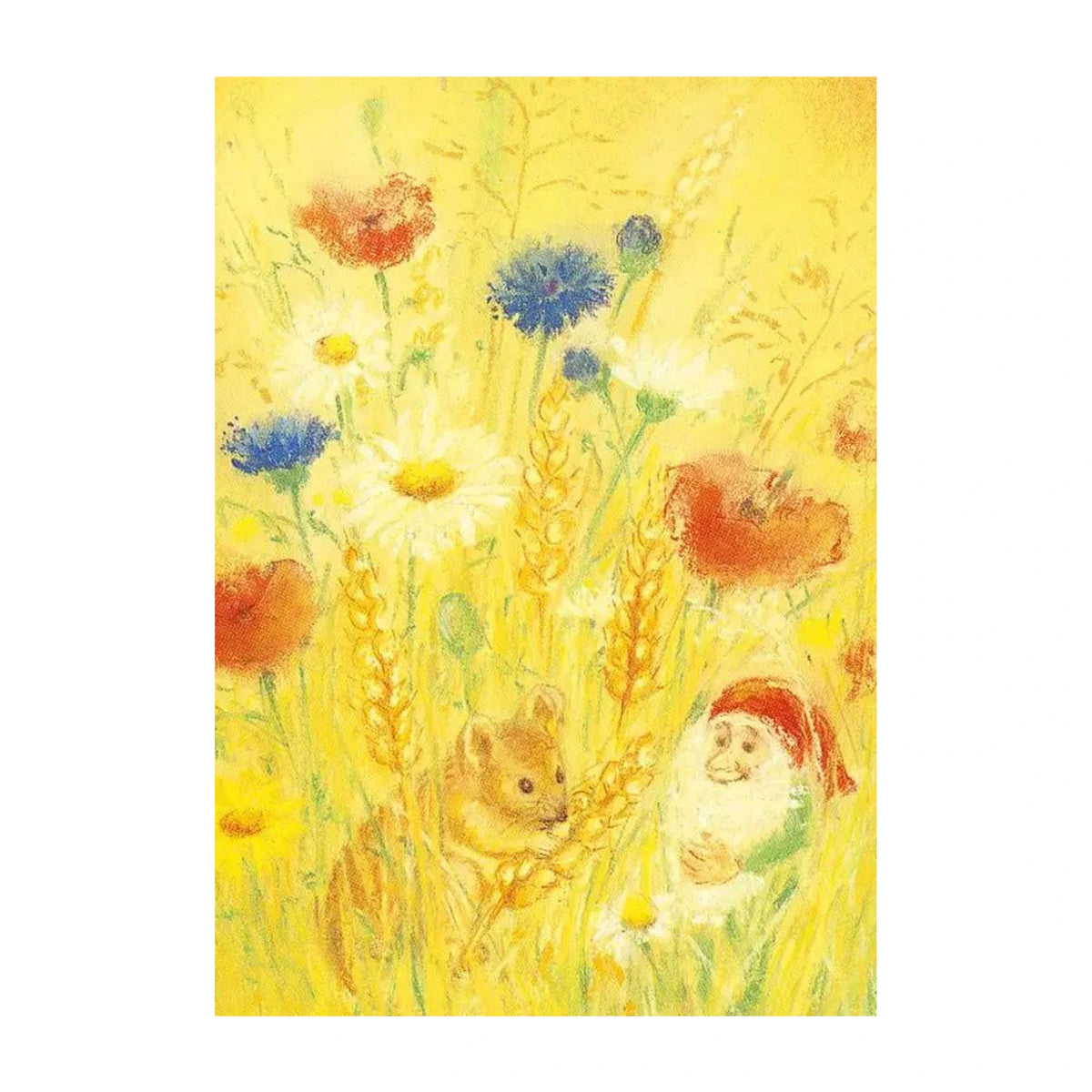 Marjan van Zeyl summer gnome postcard with golden wheat, wildflowers, and a little mouse.