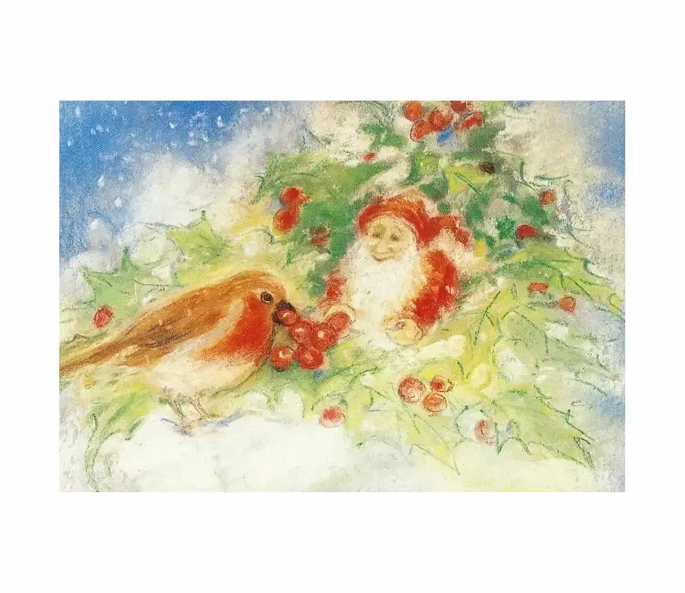Winter Robin with Gnome Postcard – Art Card by Marjan van Zeyl