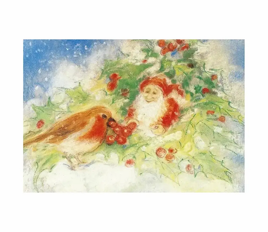 Winter Robin with Gnome Postcard – Art Card by Marjan van Zeyl