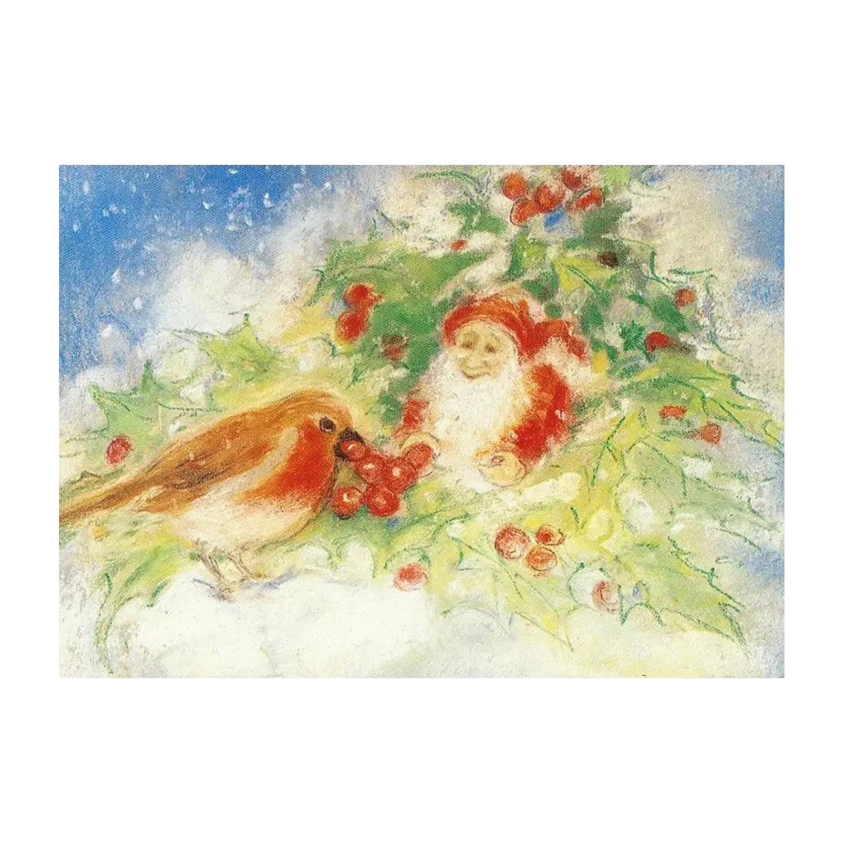 Marjan van Zeyl winter gnome postcard showing a robin receiving red berries among snowy holly leaves.