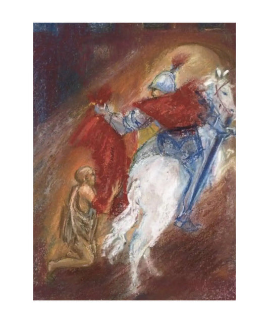 Martin Gives His Coat postcard by Marjan van Zeyl featuring Saint Martin sharing his red cloak from a white horse