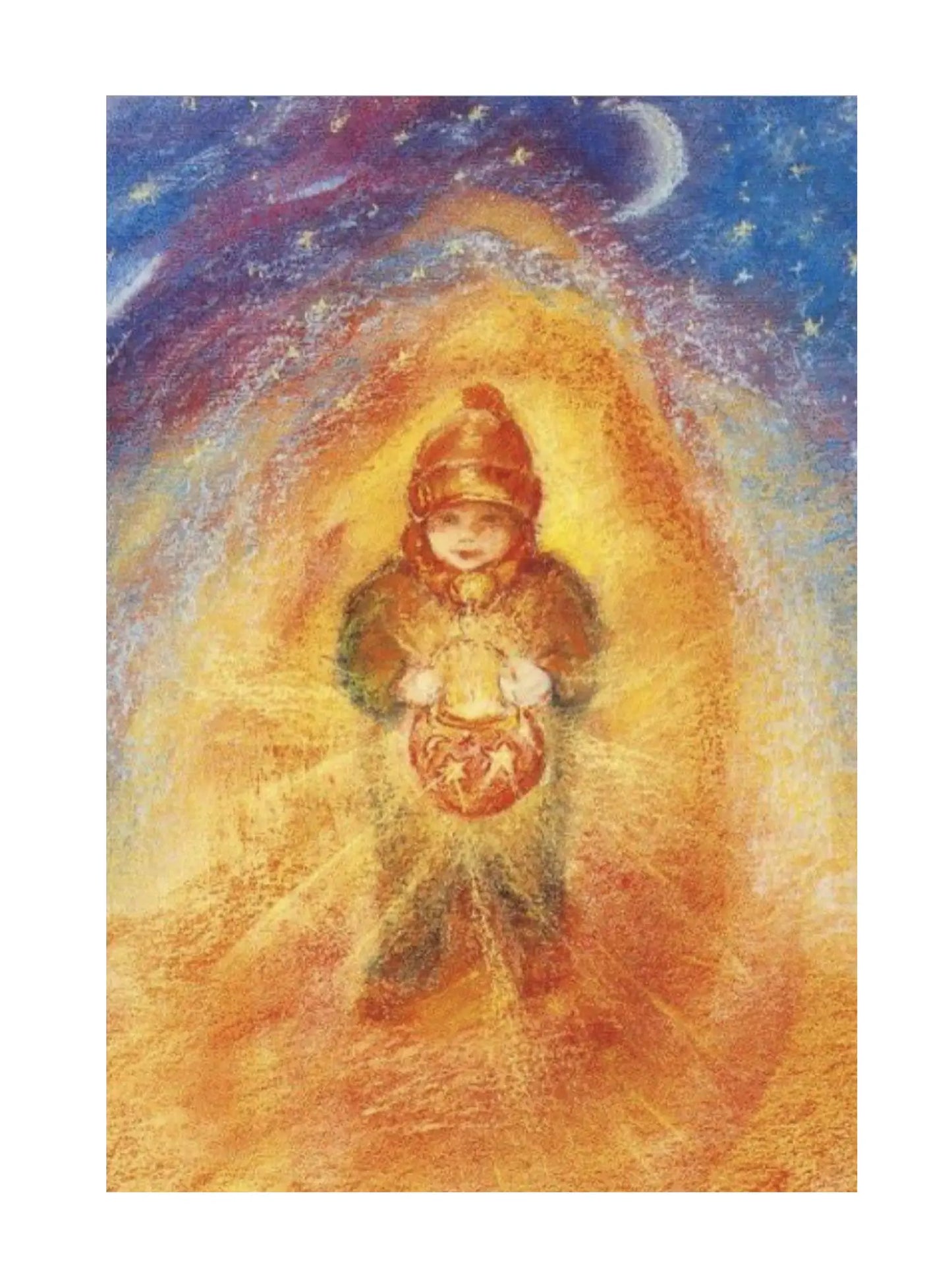 Child holding a Martinmas lantern with a starry night sky background