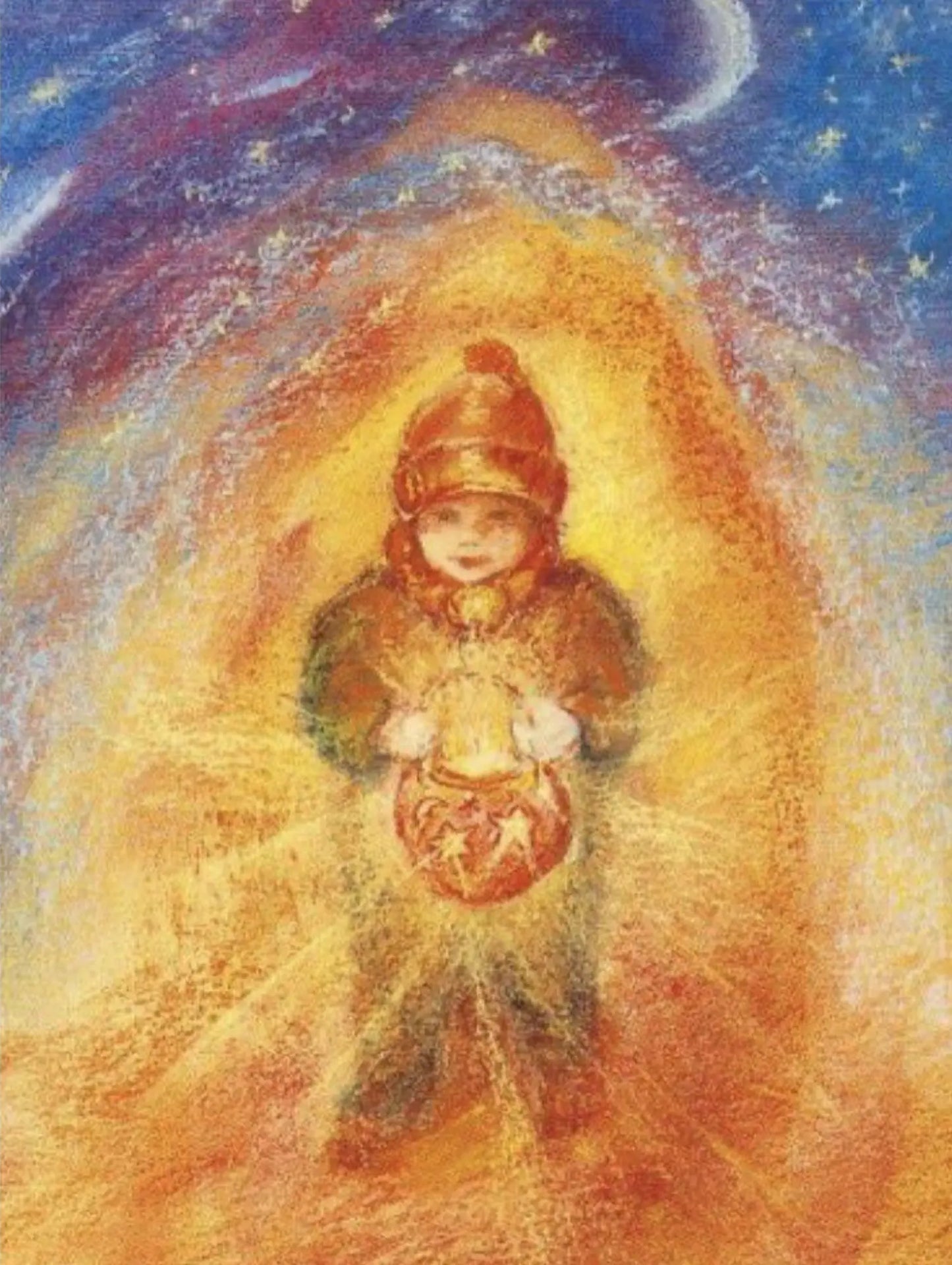 Child holding a Waldorf Martinmas lantern against a starry night sky