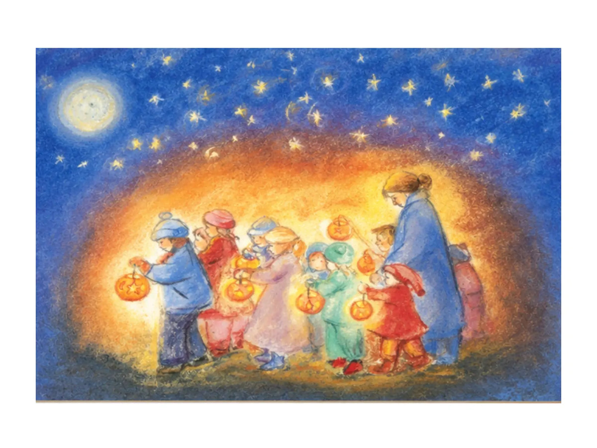 Illustration of children with Martinmas lanterns on a walk under a starry night sky.