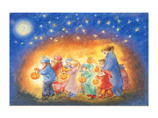 Illustration of children with Martinmas lanterns on a walk under a starry night sky.