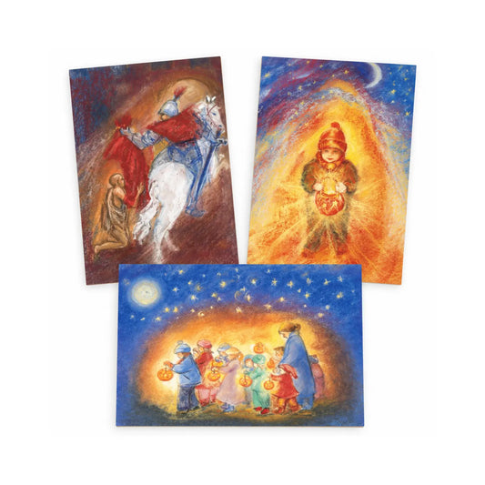 Three Martinmas postcards by Marjan van Zeyl arranged as a set on a light background: Martin Gives His Coat, St. Martin’s Lantern, and St. Martin’s Procession.