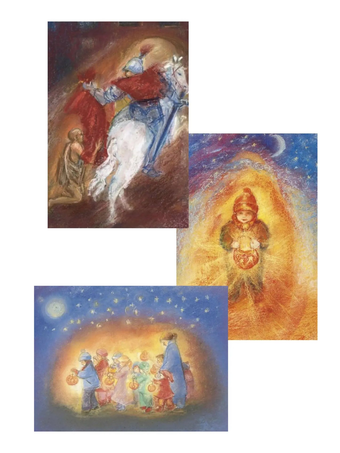 Three illustrated scenes featuring a a child and a group of children with lanterns and a Roman soldier and horse giving a red coat to a begger