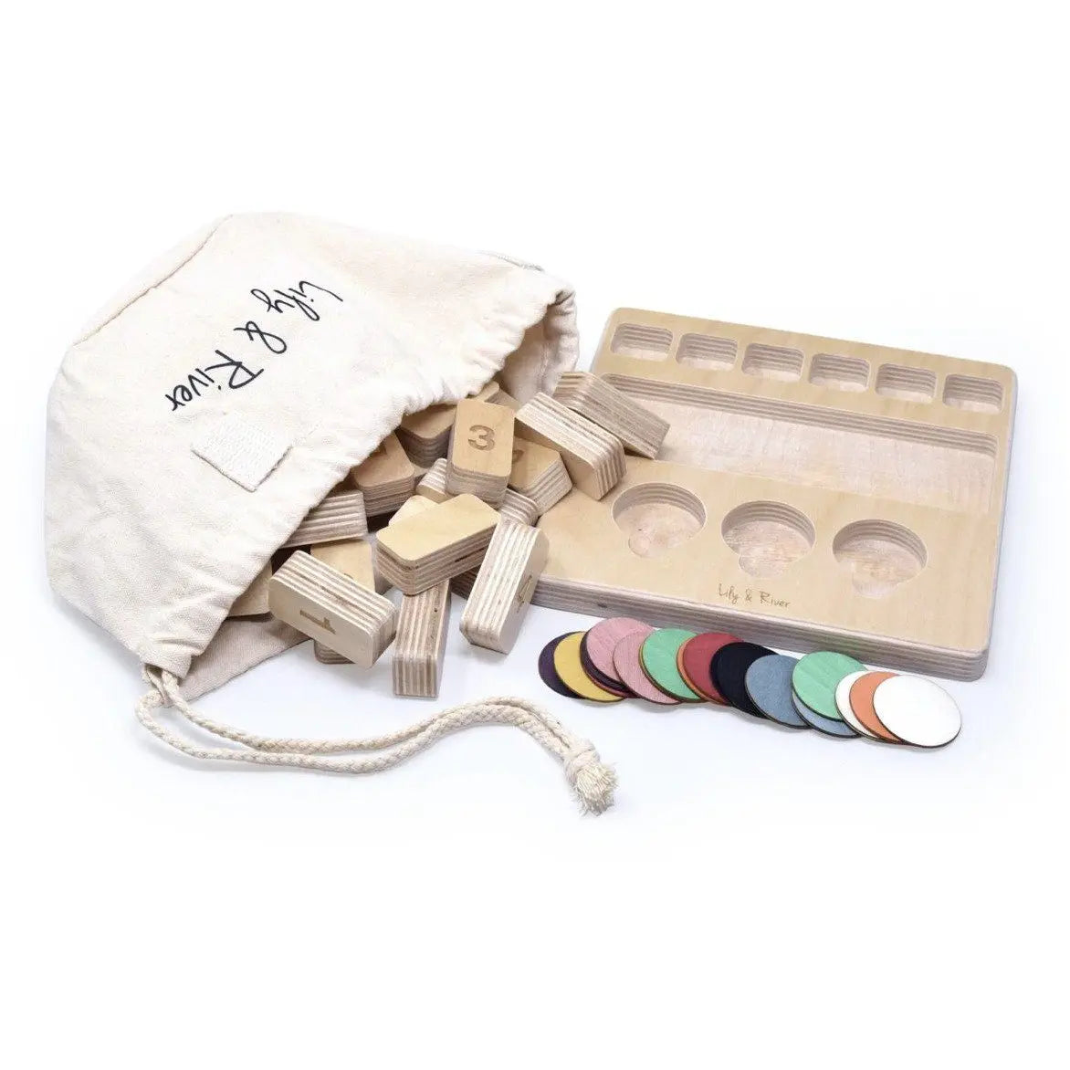 Wooden math toy manipulative set with blocks and color swatches on a white background