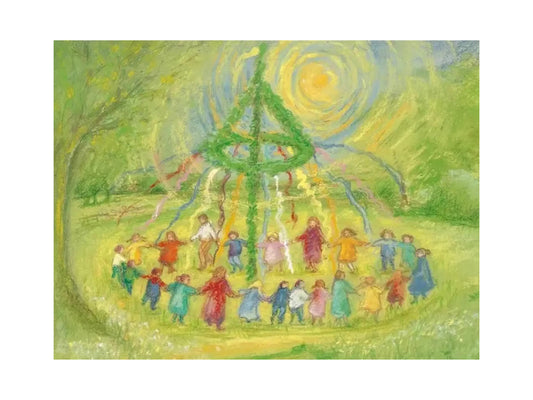 Marjan Van Zeyl art of a group of children around a maypole in a festive outdoor setting.