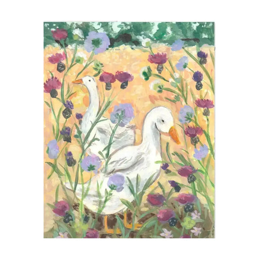 Meadow Duck Postcard by Ingrid Press with two white ducks among colorful meadow wildflowers