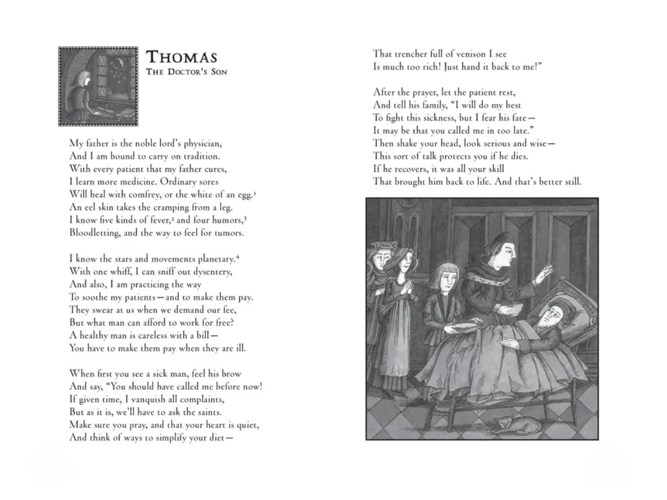 Page from a book with text and a black and white illustration of people in a room.
