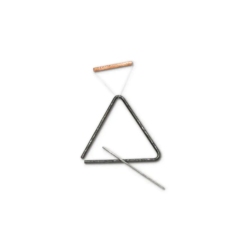 Triangle percussion instrument with two beater sticks on a white background