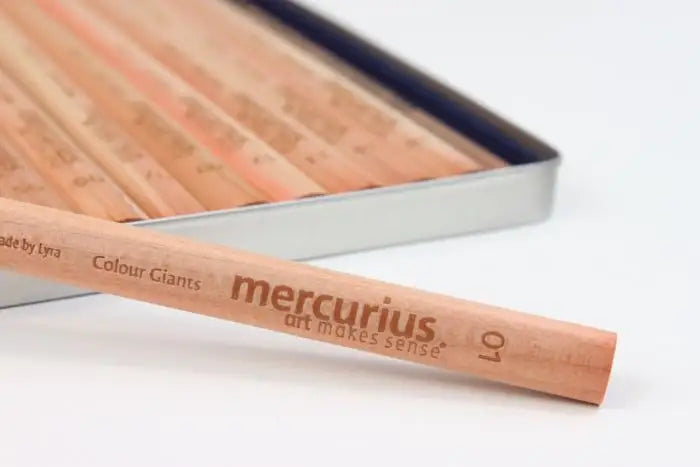 mercurius colour giants colored pencil close up hexagonal wood barrel with printed branding