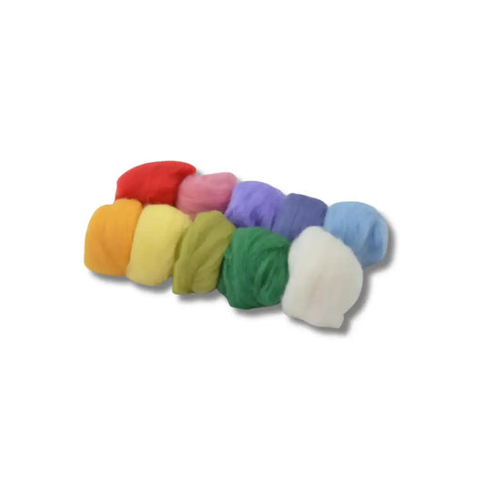 Assorted colorful wool roving on a white background