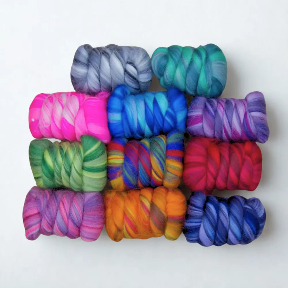 Bright Merino wool top color bundle for spinning fiber laying side by side