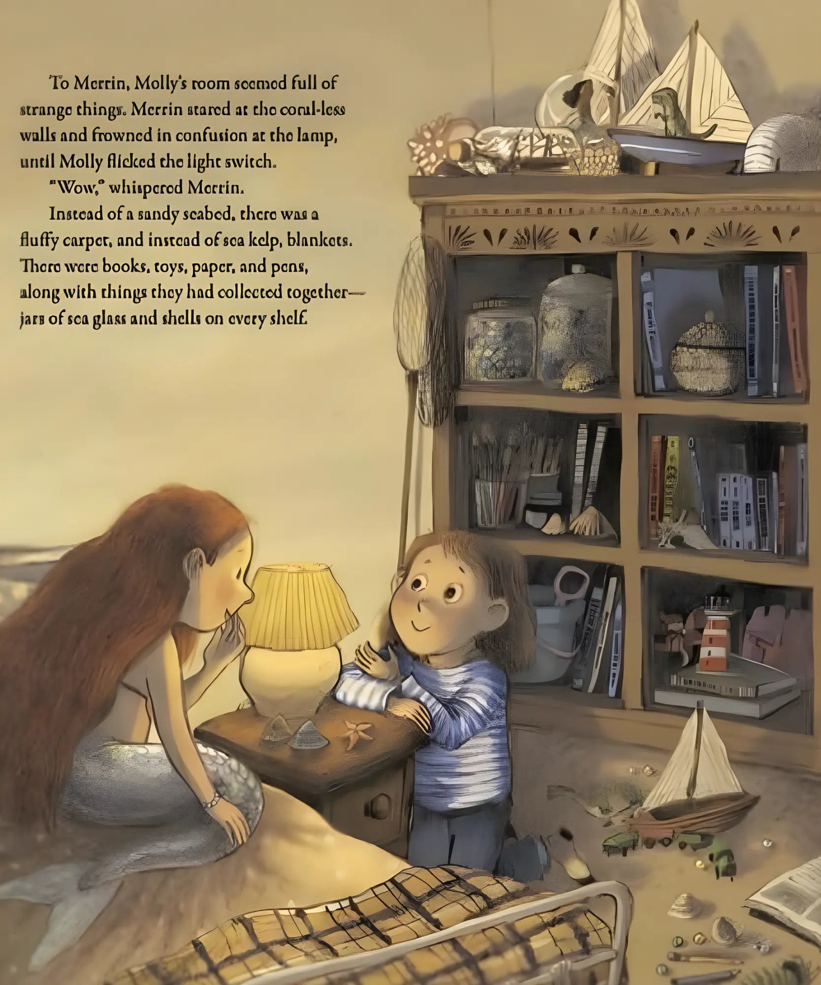 Illustration of a mermaid and girl in the girl's bedroom with sea shells and toys