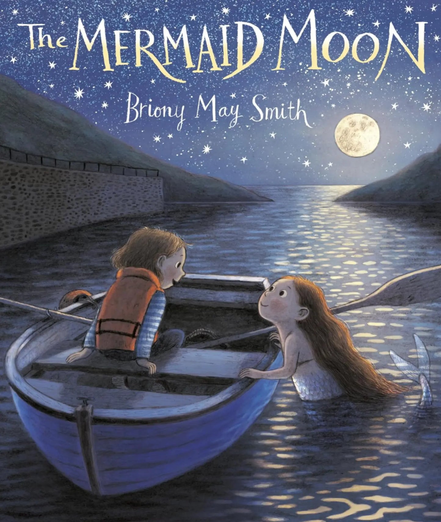 Book cover of 'The Mermaid Moon' by Briony May Smith featuring a girl and mermaid in a boat under a moonlit sky.