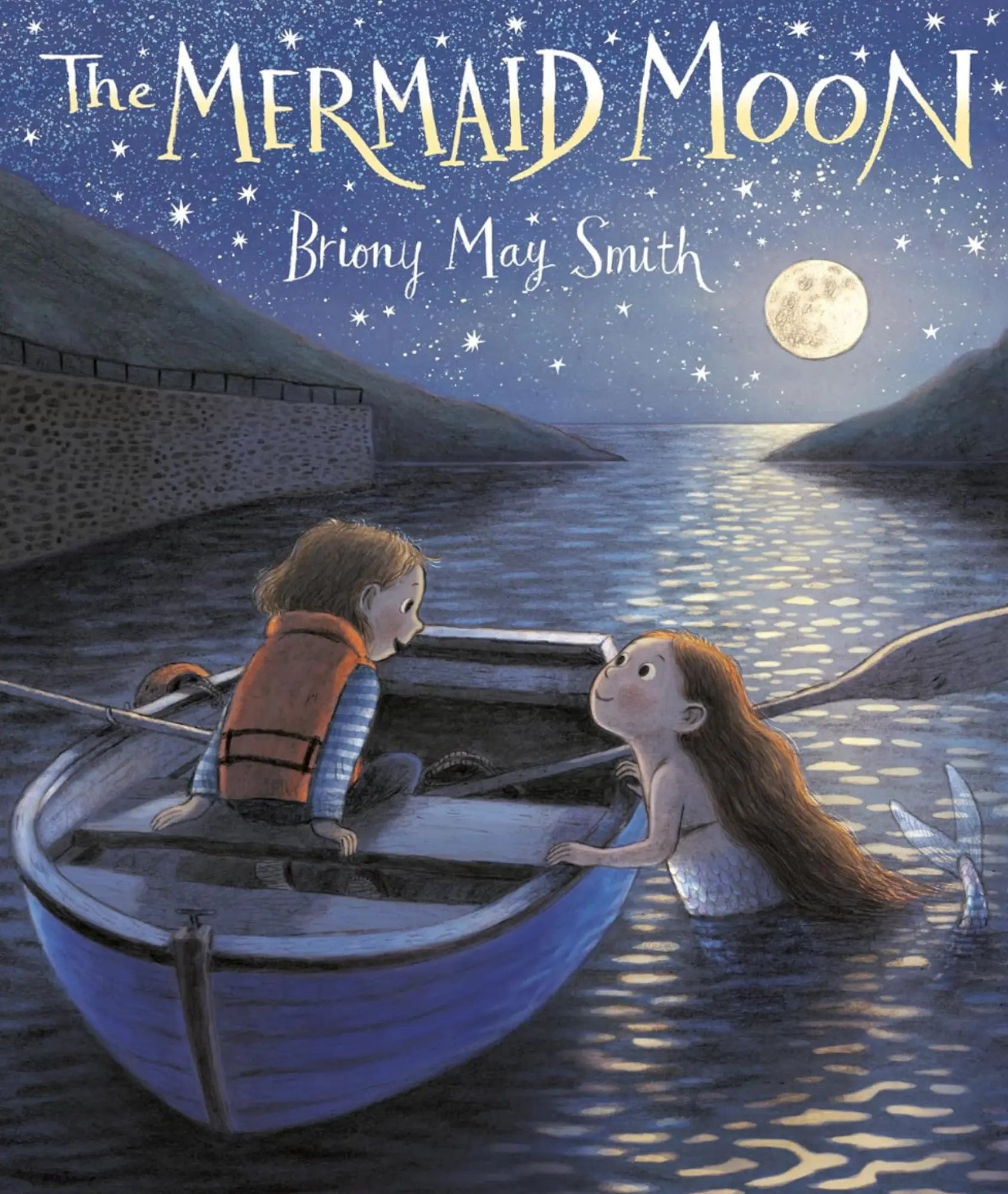 Book cover of 'The Mermaid Moon' by Briony May Smith featuring a girl and mermaid in a boat under a moonlit sky.