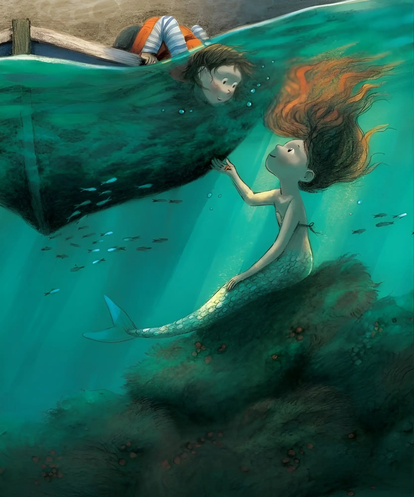 illustration of a mermaid under water looking up at a girl in a boat looking down