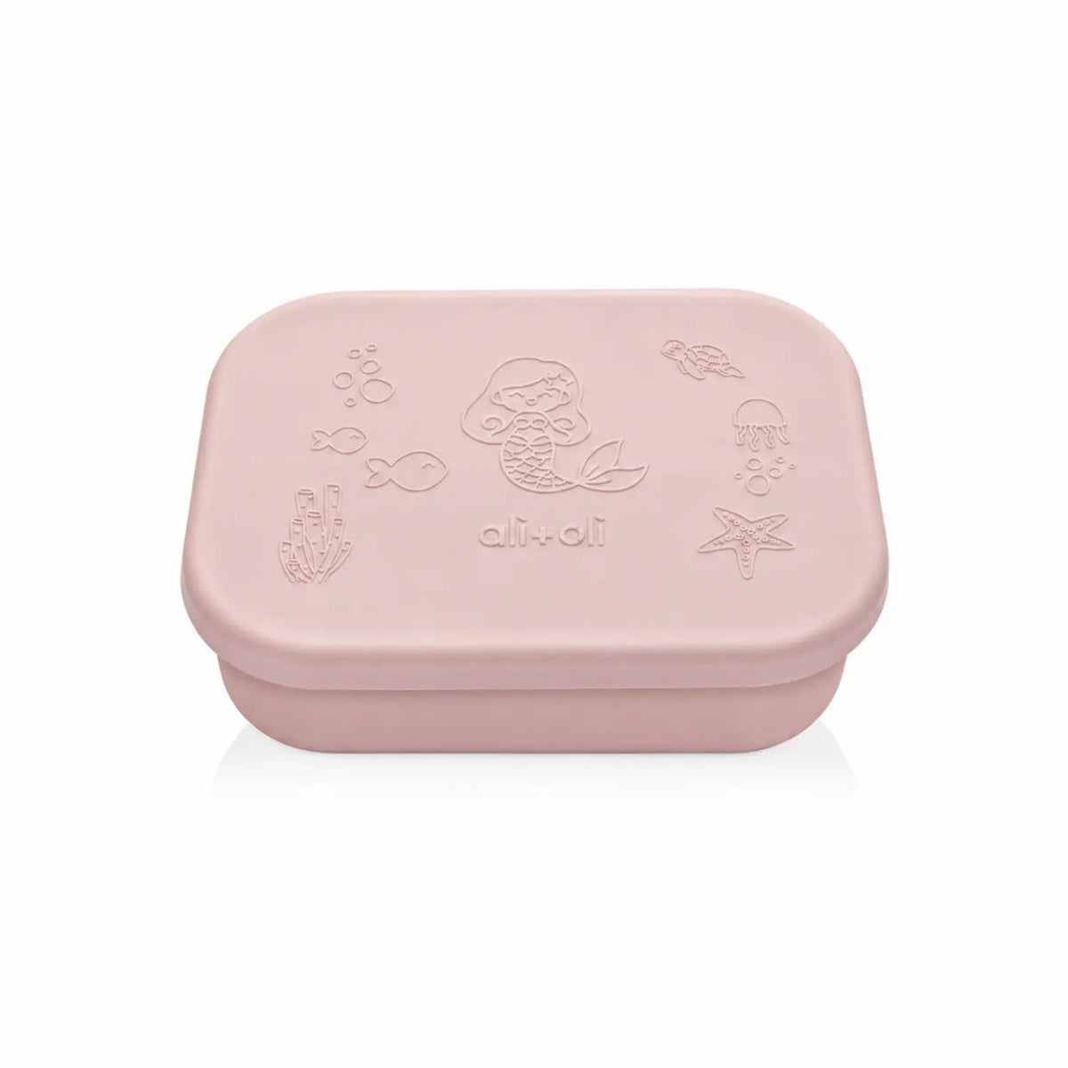 Ali+Oli Mermaid bento box with retail packaging showing 100% food-grade silicone.