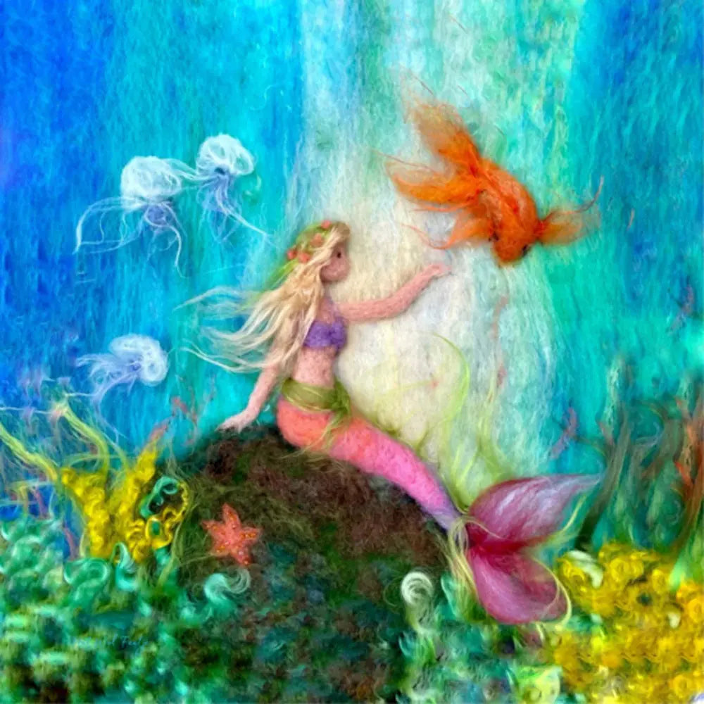 Underwater scene of mermaid with pink tail sitting on rock with jellyfish and fish and starfish and kelp all around her.