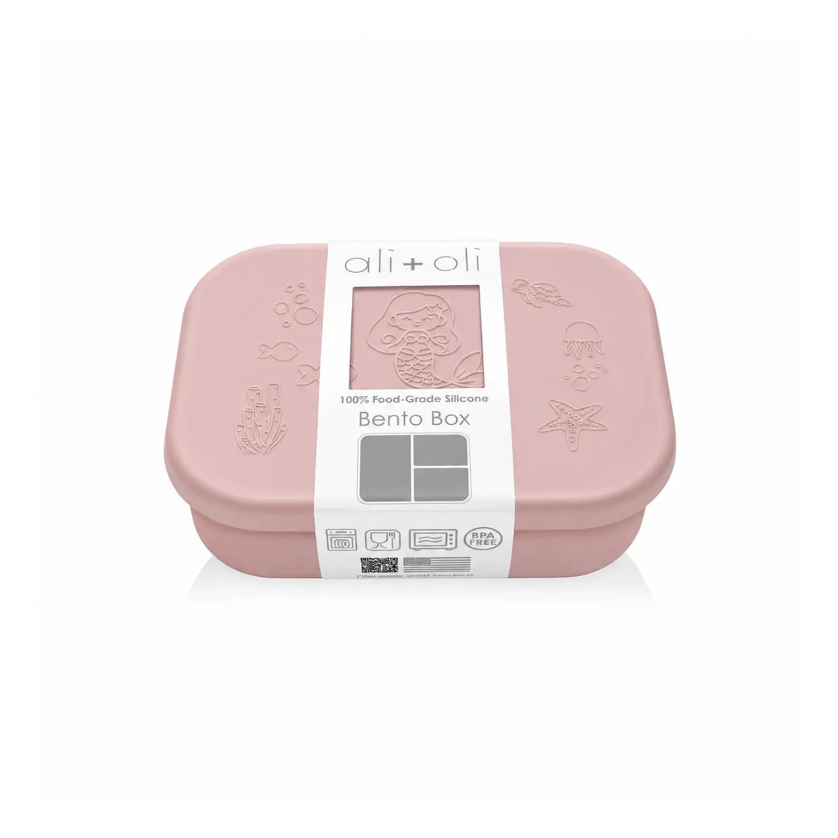 Ali+Oli Mermaid bento box with retail packaging showing 100% food-grade silicone.