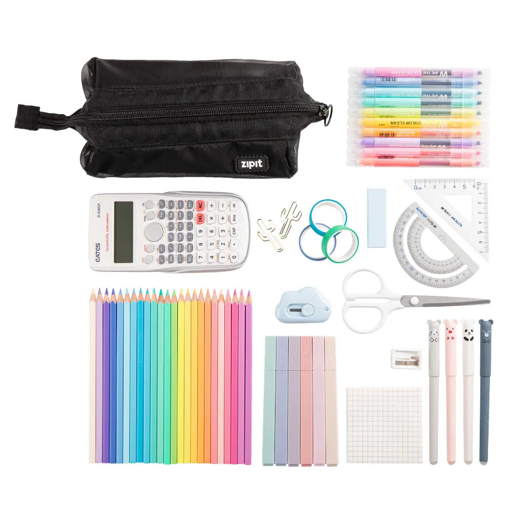 Black mesh pencil case shown with pencils, pens, ruler, scissors, sticky notes, and small school supplies