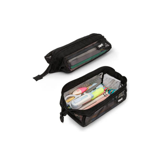 Black mesh pencil case with wide opening holding pencils, scissors, ruler, and school supplies