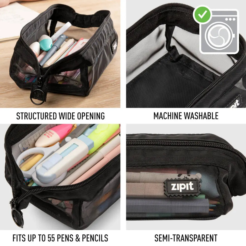 Black mesh pencil case feature image showing wide opening, machine washable fabric, semi-transparent mesh, and pencil capacity