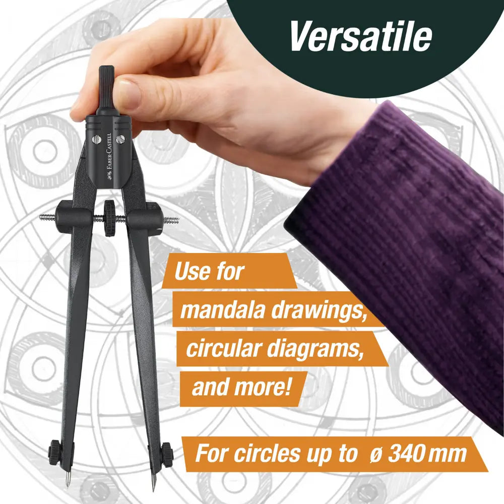 Metal geometry compass showing gear wheels, needle, and lead clamp for precise drawing