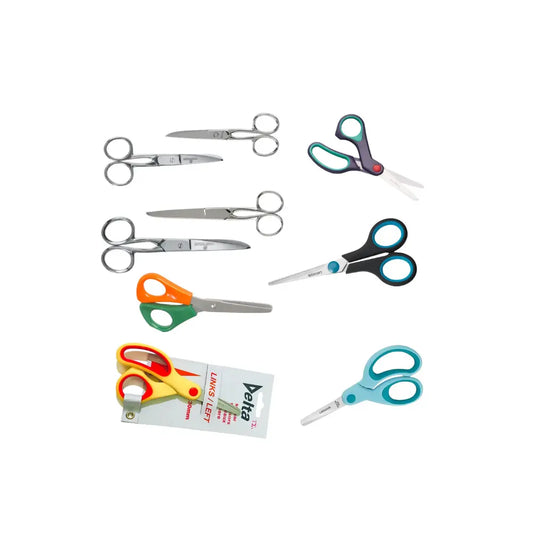 Collection of various pairs of scissors on a white background