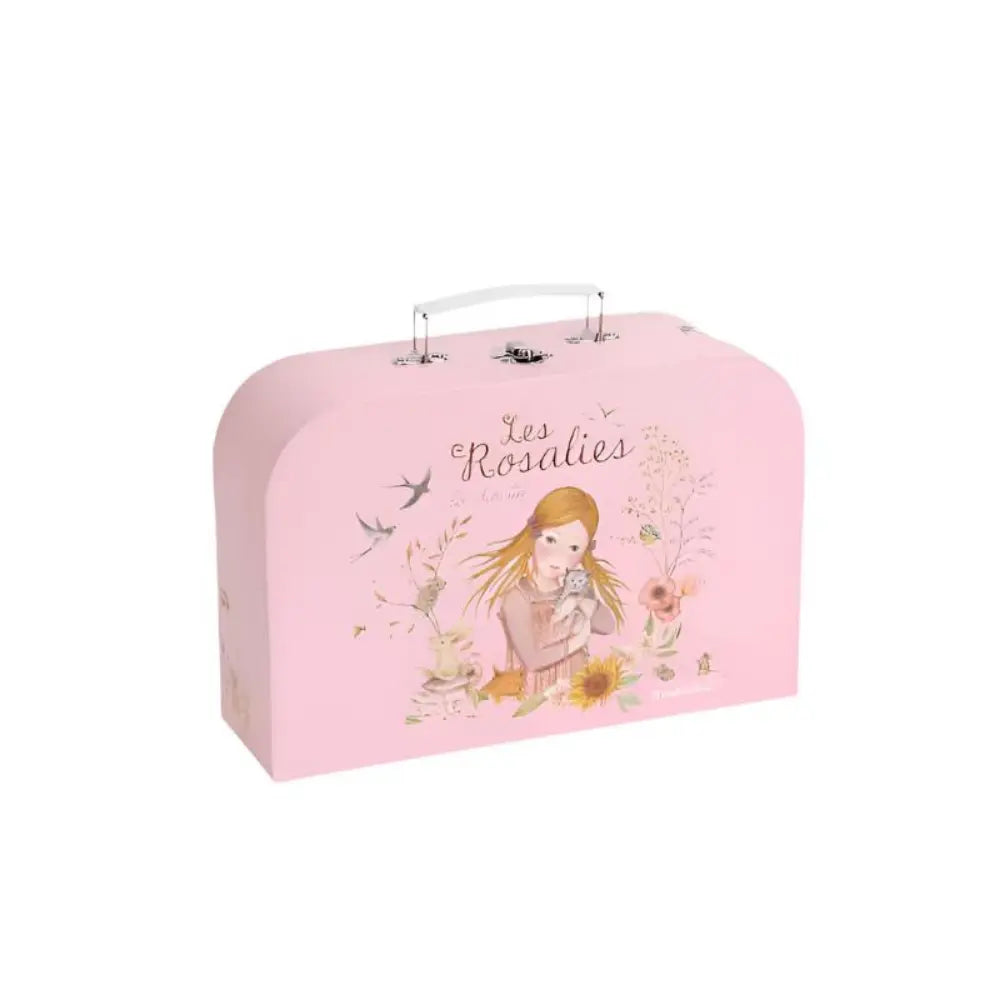Closed suitcase for children’s metal tea set with handle