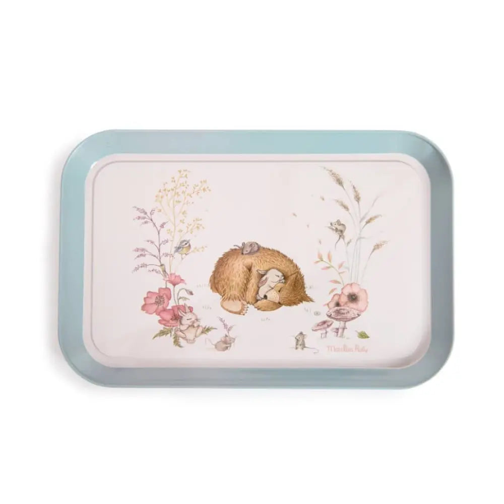 Tray from children’s metal tea set with illustrated design