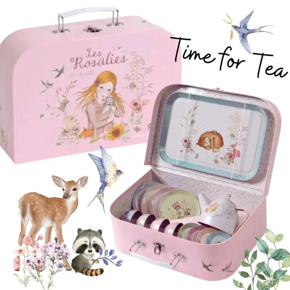 Children’s metal tea set with woodland animal illustrations including fox, goose, raccoon, and rabbit