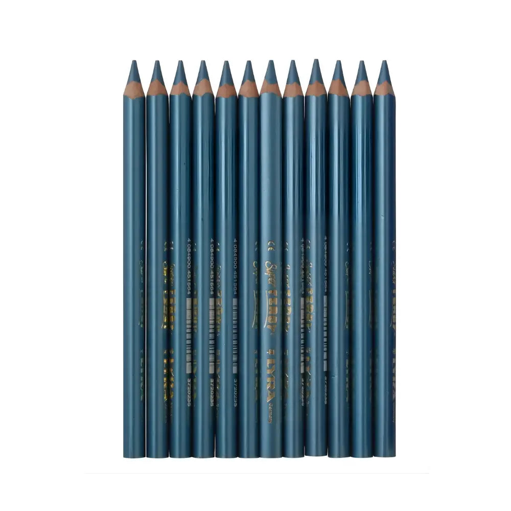 Set of sharpened blue metallic pencils side by side on a white background
