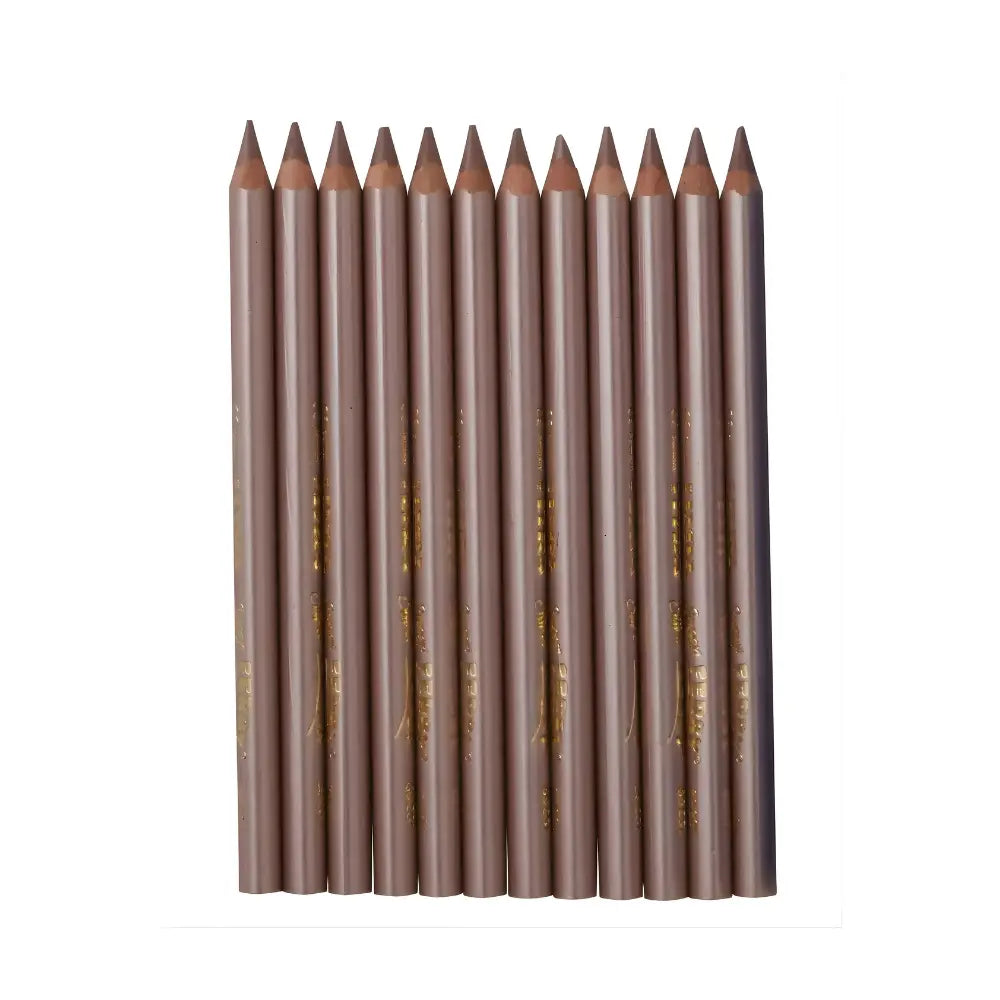 Set of sharpened brown metallic pencils side by side on a white background