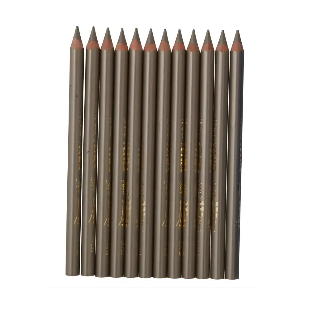 Set of sharpened champagne metallic pencils side by side on a white background