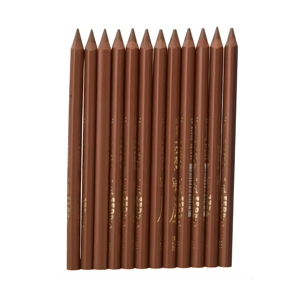 Set of sharpened copper metallic pencils side by side on a white background