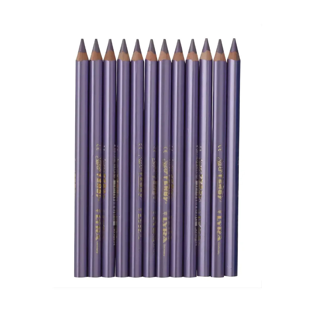 Set of sharpened purple metallic pencils side by side on a white background