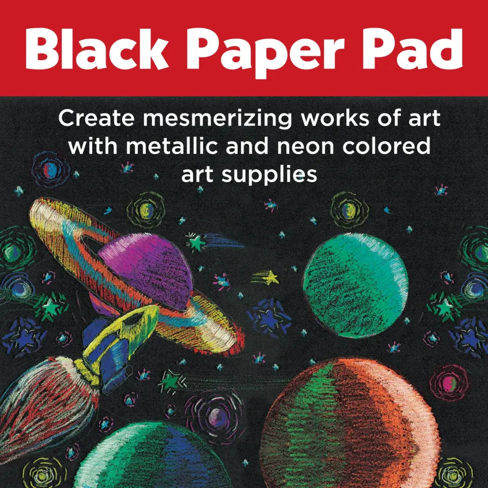 metallic and neon artwork on black paper with bright space and color effects