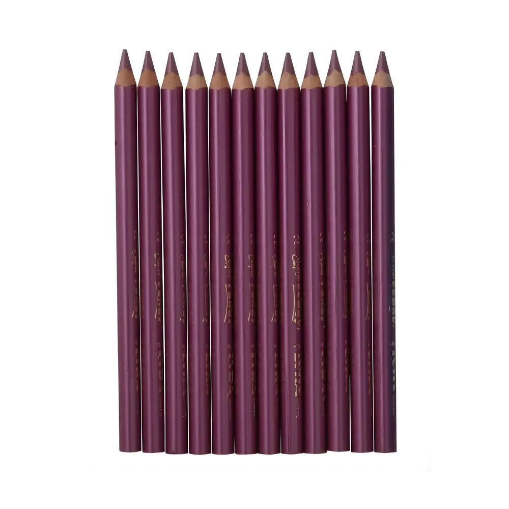Set of sharpened pink metallic pencils side by side on a white background