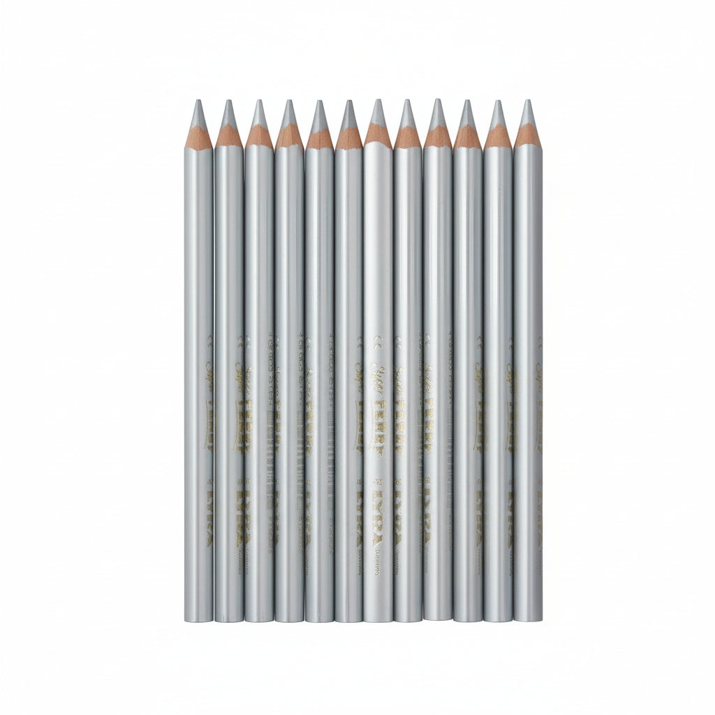 Set of silver colored pencils on a white background