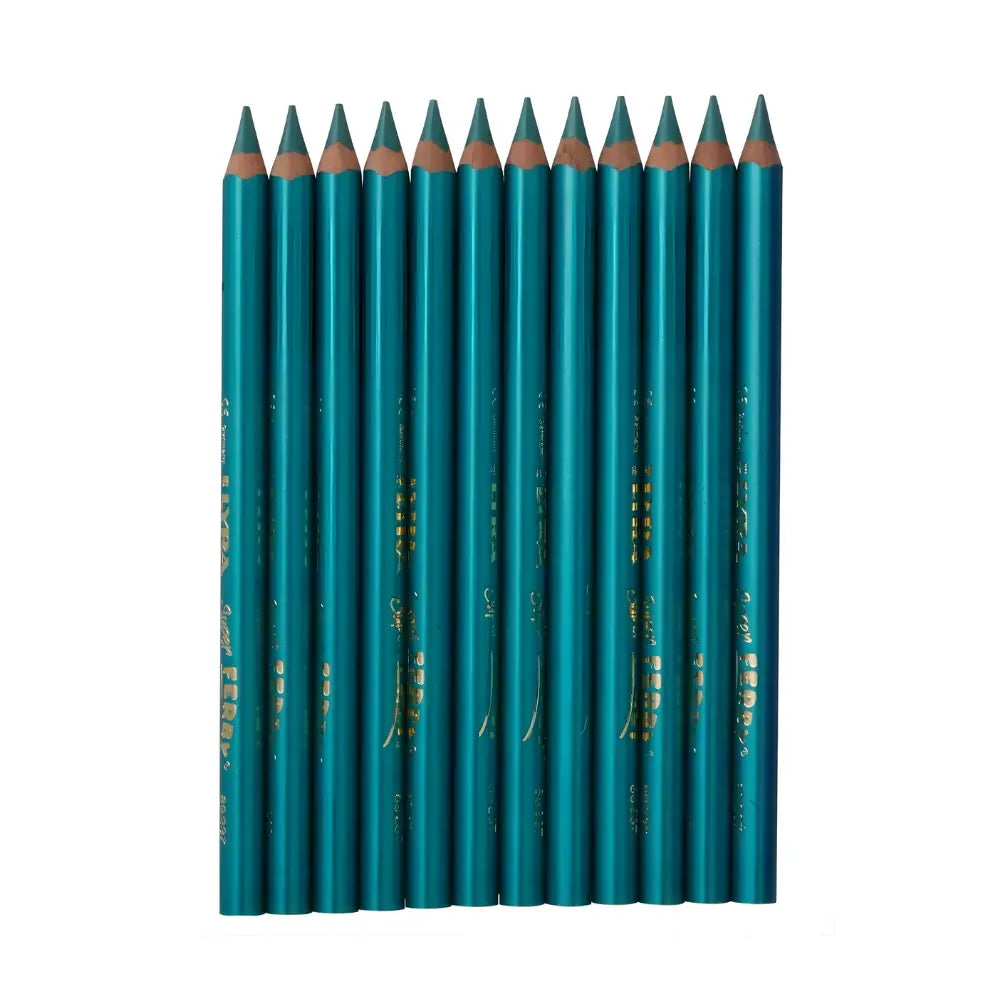 Set of sharpened turquoise metallic pencils side by side on a white background