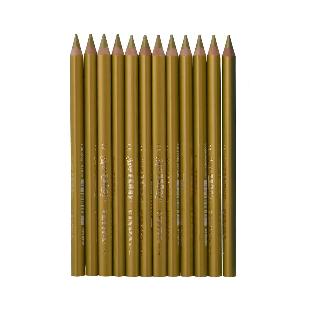 Set of sharpened gold metallic pencils side by side on a white background