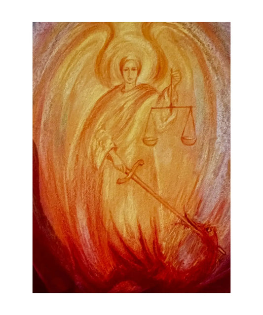 A Michaelmas postcard of Michael with sword, scales above a fiery dragon