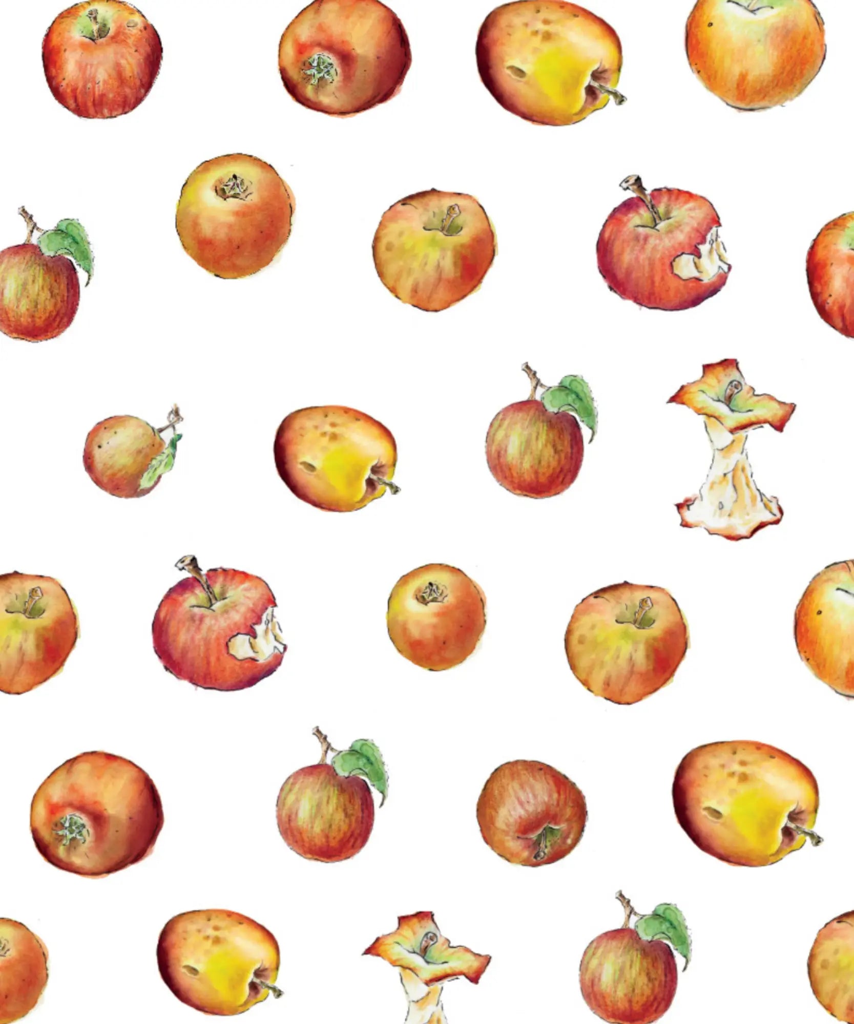Pattern of apples with a small figure on a white background