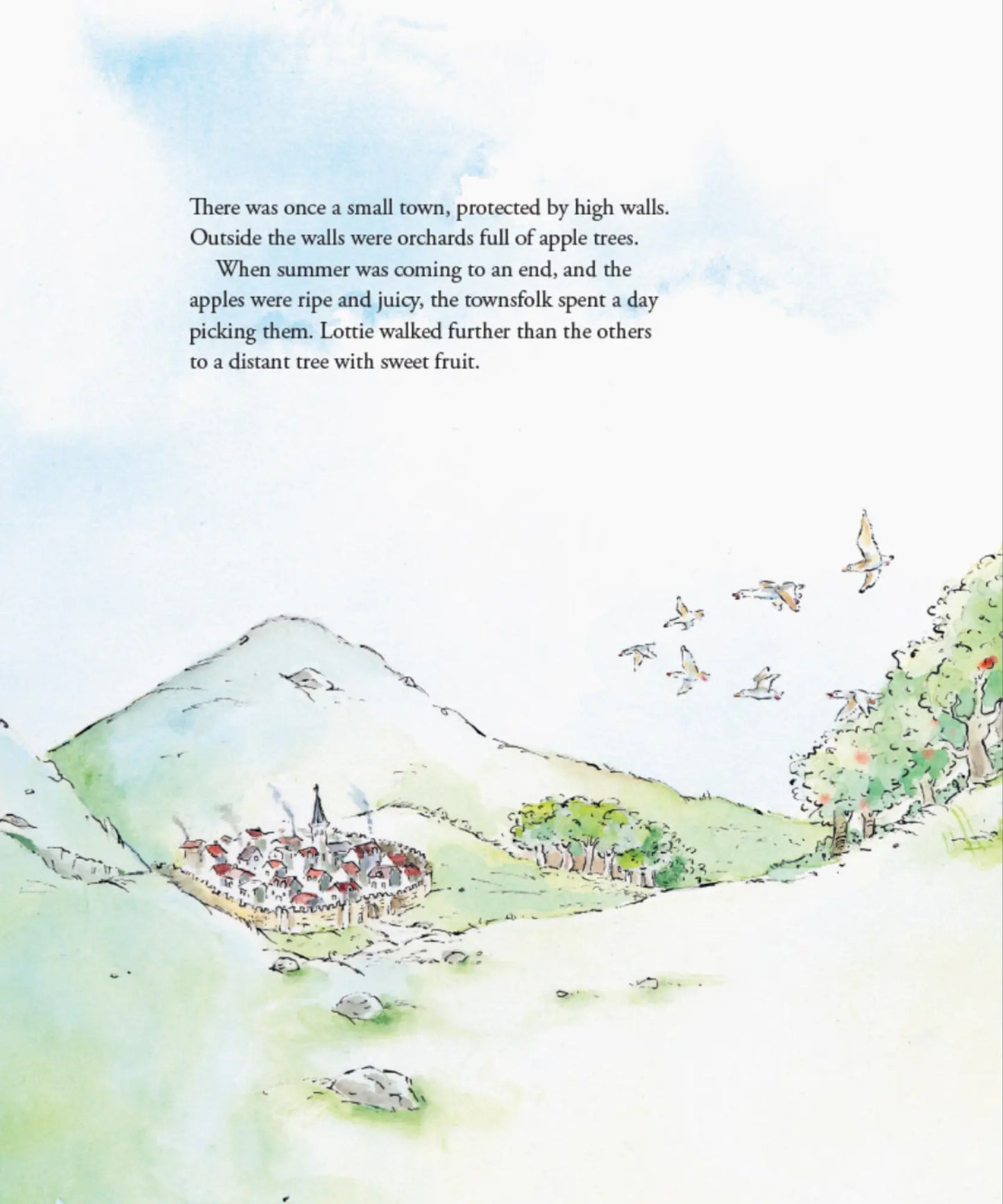 Illustrated scene of a small town with orchards and apple trees, accompanied by text.