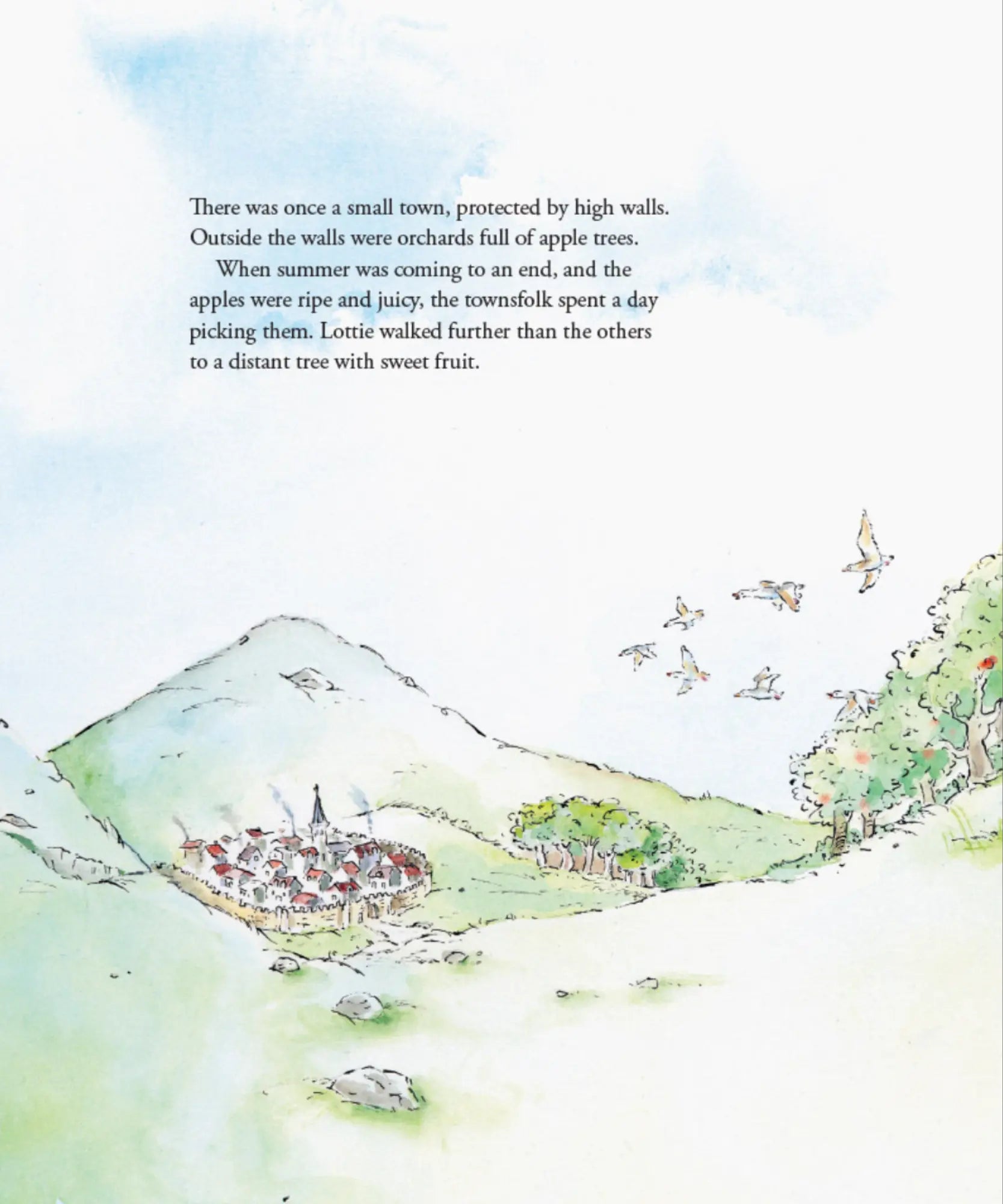 Illustrated scene of a small town with orchards and apple trees, accompanied by text.