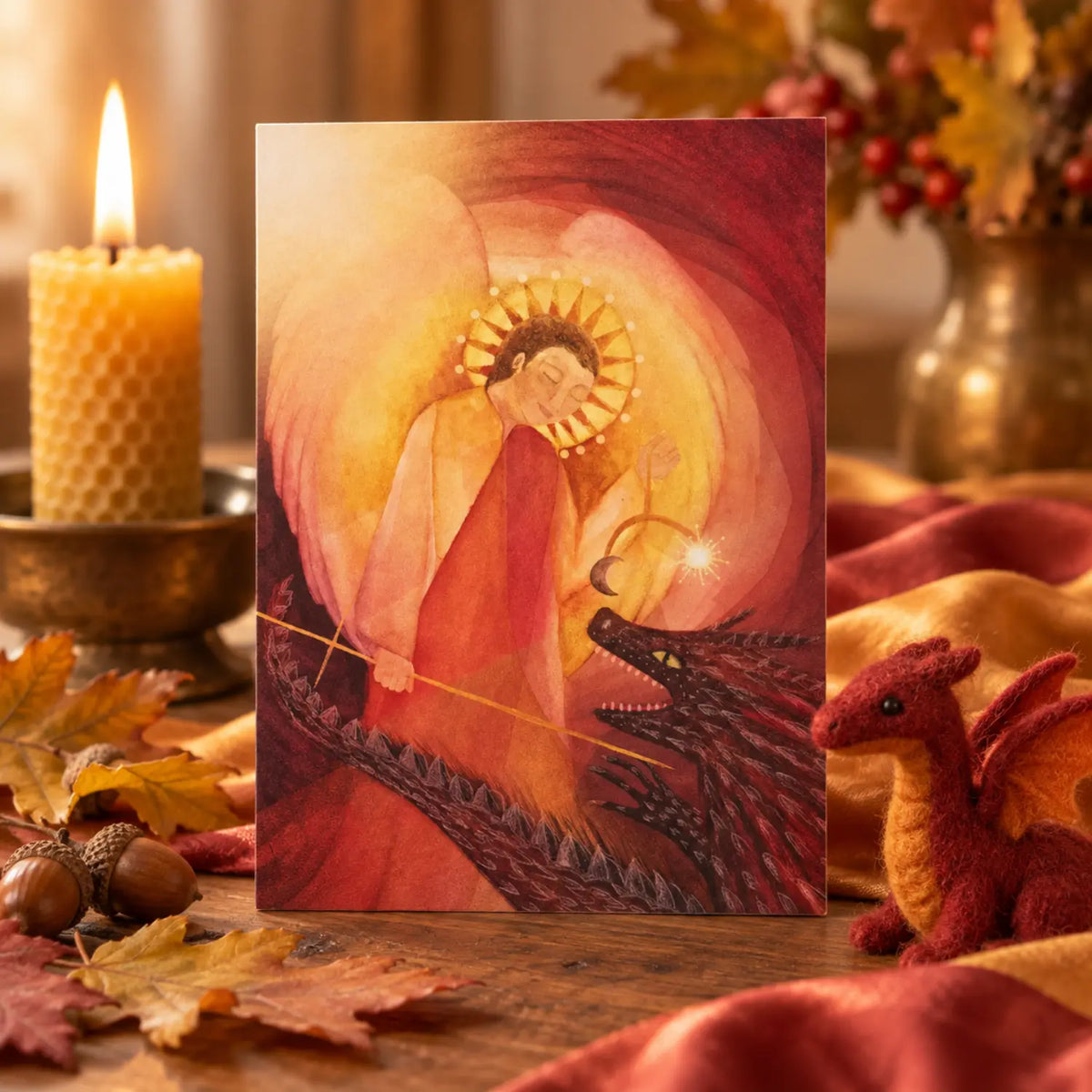 A vertical art print or card featuring an illustration of Saint Michael and a dragon