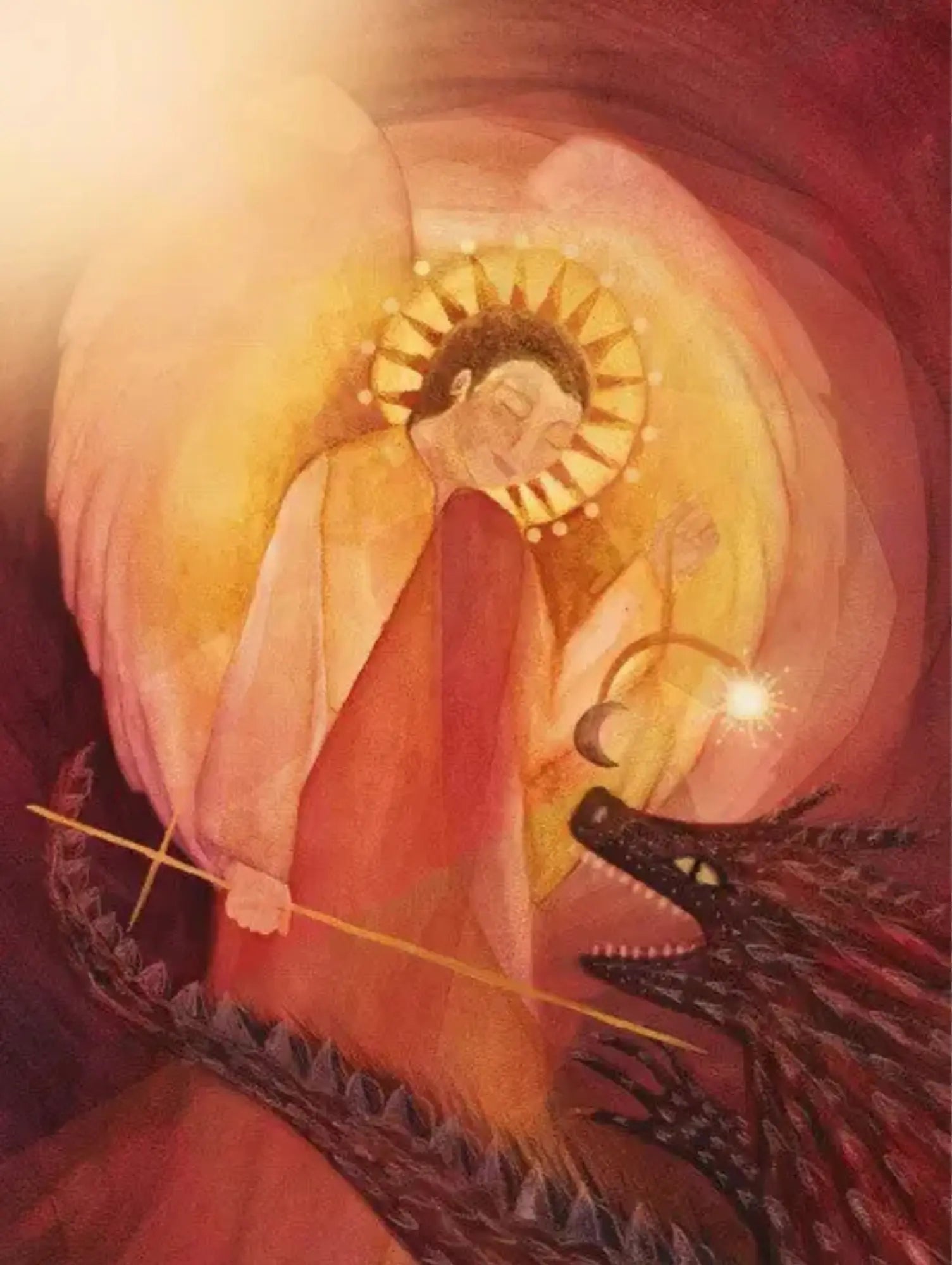 Saint Michael, the Dragon and his sword of light in reds, vermilions and golds